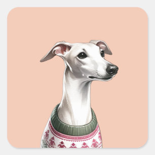 Italian Greyhound Watercolor Christmas Sweater Quadratischer Aufkleber