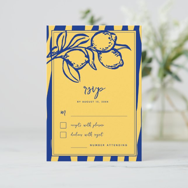 Italian Hand Drawn Lemon Handwritten Blue Wedding RSVP Karte (Stehend Vorderseite)