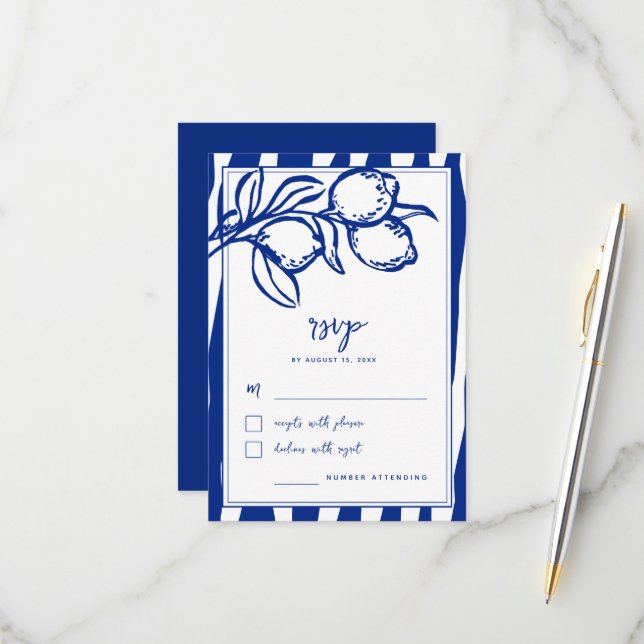 Italian Hand Drawn Lemon Handwritten Blue Wedding RSVP Karte (Vorderseite/Rückseite Beispiel)