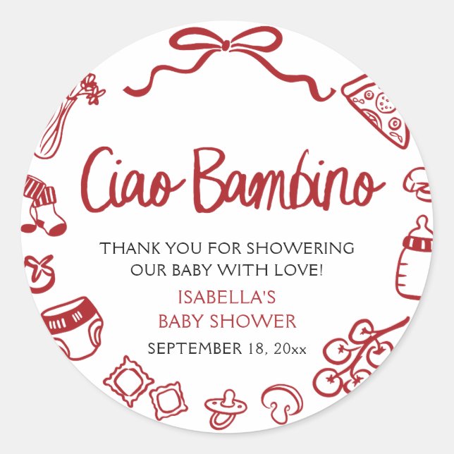 Italian Hand Drawn Pizza Ciao Bambino Baby Shower Runder Aufkleber (Vorderseite)