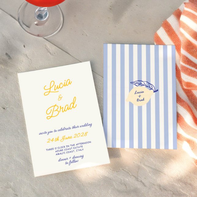 Italian Hand Written Yellow & Blue Stripes Wedding Einladung (Italian Hand Written Yellow & Blue Stripes Wedding Invitation)