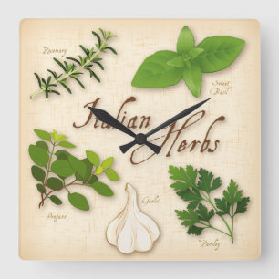 Italian Herbs, Basil, Oregano, Parsley, Garlic Quadratische Wanduhr