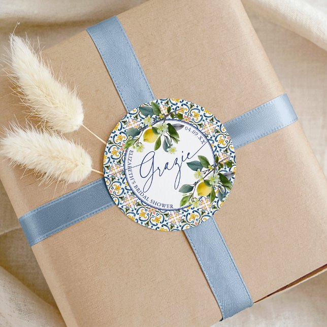 Italian Lemon Bridal Shower Grazie Runder Aufkleber (Italian Lemon Bridal Shower Grazie Classic Round Sticker)