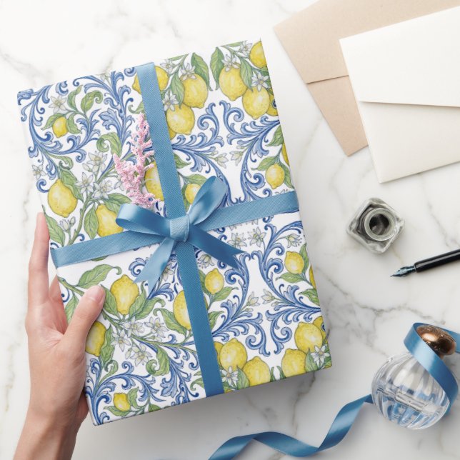 Italian Mediterranean Blue Lemon Floral Geschenkpapier (Schenken)
