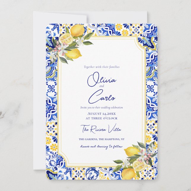 Italian Mediterranean Tile Lemon Wedding Feiertagskarte (Vorderseite)