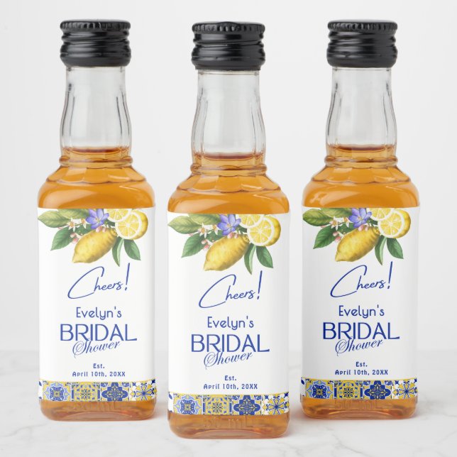 Italian Mosaic Blue Tile & Lemons Bridal Shower Alkoholflaschenetikett (Flaschen)