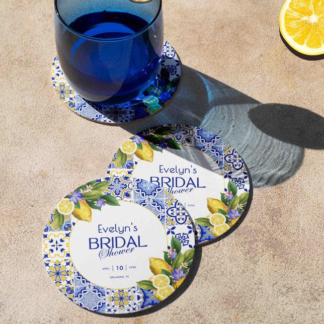 Italian Mosaic Blue Tile Lemons Bridal Shower Runder Pappuntersetzer (Von Creator hochgeladen)