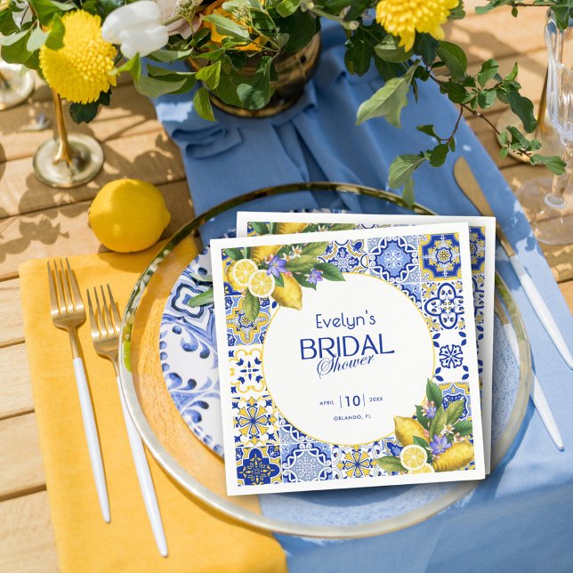 Italian Mosaic Blue Tile Lemons Bridal Shower Serviette (Von Creator hochgeladen)