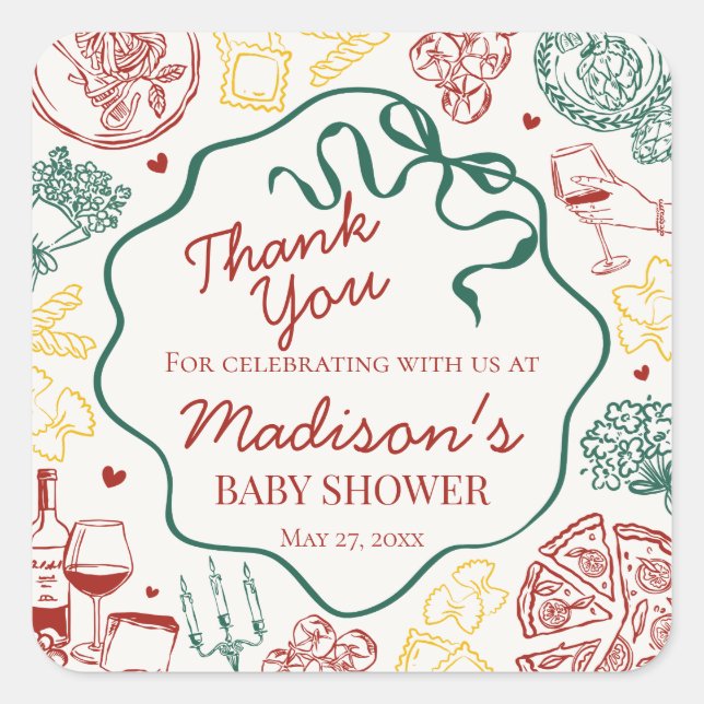 Italian Pasta Special Delivery Baby Shower Favor Quadratischer Aufkleber (Vorderseite)