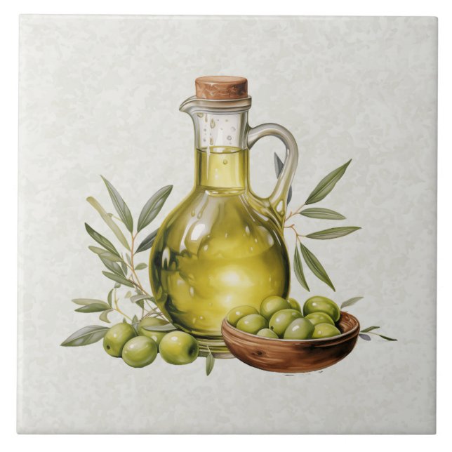 Italian Rustic Tuscany Olive Oil Bottle Watercolor Fliese (Vorderseite)