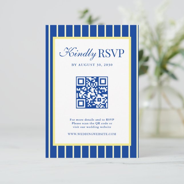 Italian Striped Blue & Yellow Wedding QR Code RSVP Karte (Stehend Vorderseite)