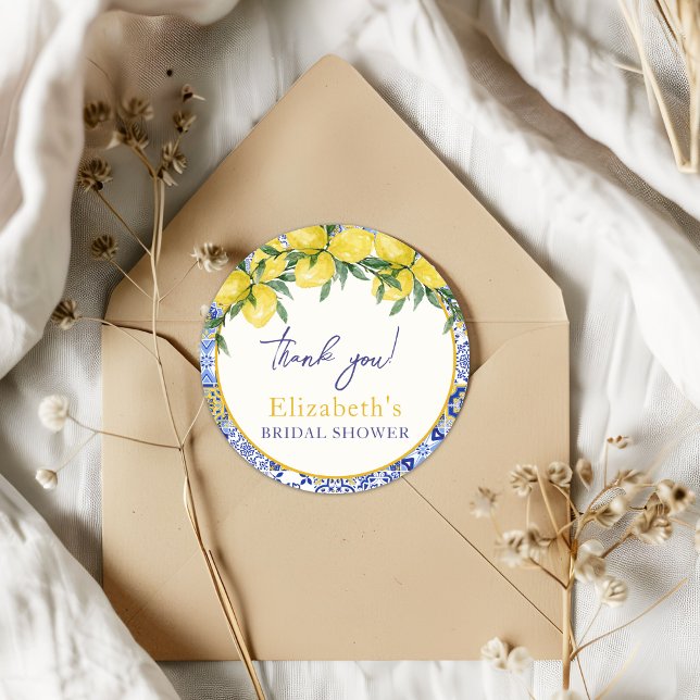 Italian watercolor tiles with lemon, Bridal Shower Runder Aufkleber (Von Creator hochgeladen)