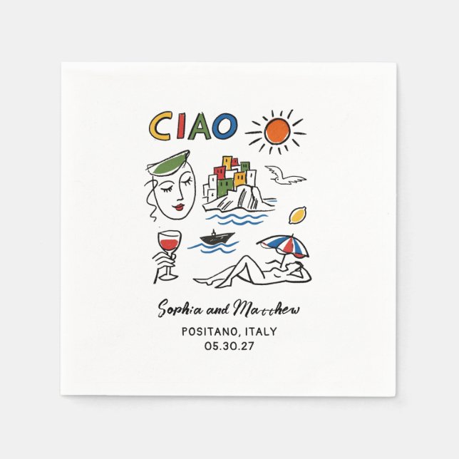 Italian Wedding Whimsical Hand Drawn Amalfi Coast  Serviette (Vorderseite)