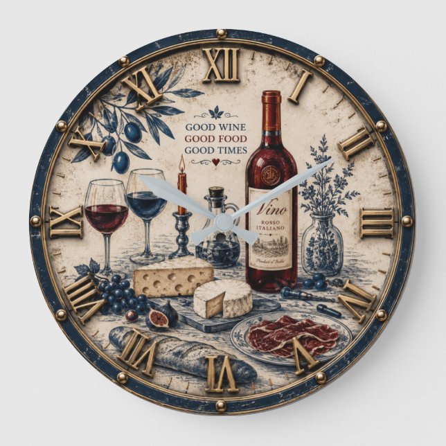 Italian Wine & Cheese Kitchen Decor Große Wanduhr (Vorderseite)