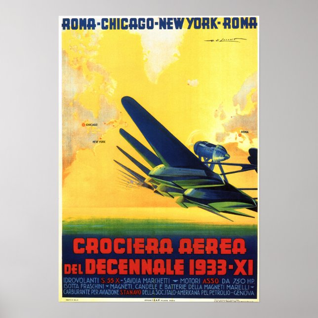 ITALIEN 1933 DEZENTRALE LUFTFAHRT Vintage Luftfahr Poster (Vorne)