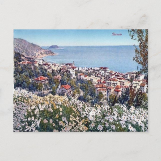 Italien, Alassio, Blume und Meerblick Postkarte (Vorderseite)