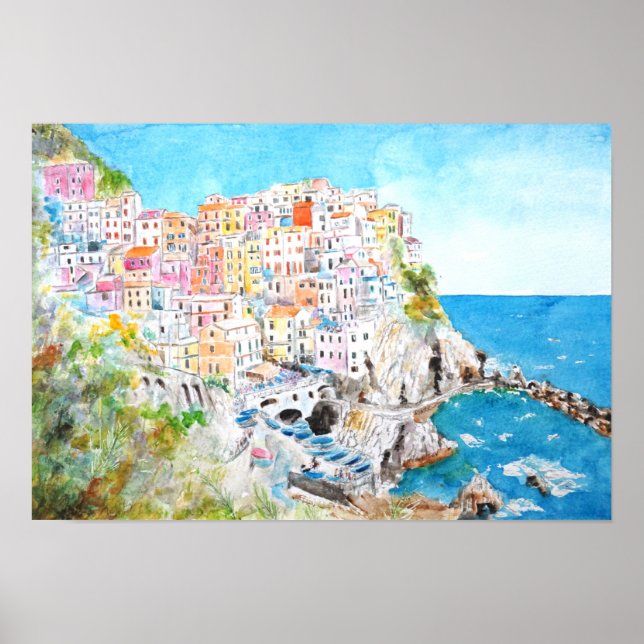 Italien Cinque Terre Aquarellmalerei Poster (Vorne)