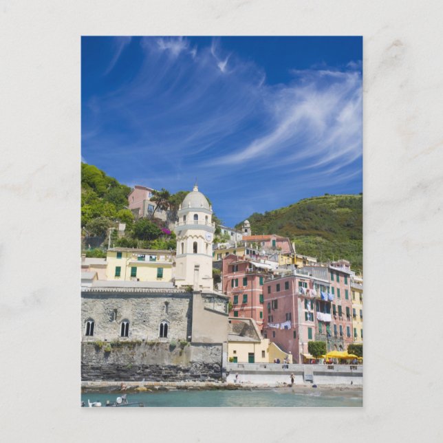 Italien, Cinque Terre, Vernazza, Hafen und Kirche Postkarte (Vorderseite)