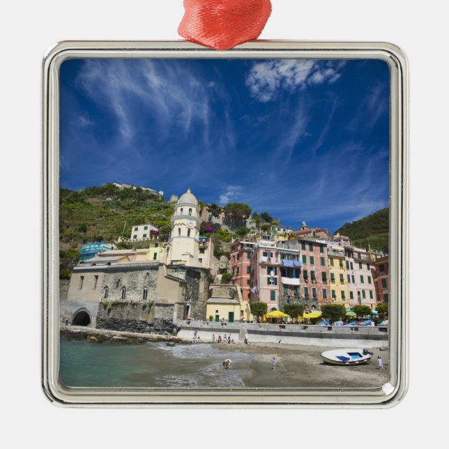 Italien, Cinque Terre, Vernazza, Hafen und Kirche  Silbernes Ornament (Vorne)