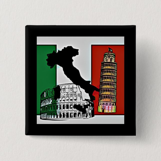 Italien - Flagge, Silhouette, Turm und Kolosseum Button (Vorderseite)