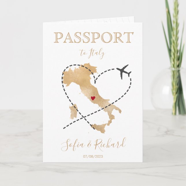 Italien Hochzeit in Urlaubsort Passport Gold Weltk Einladung (Vorderseite)