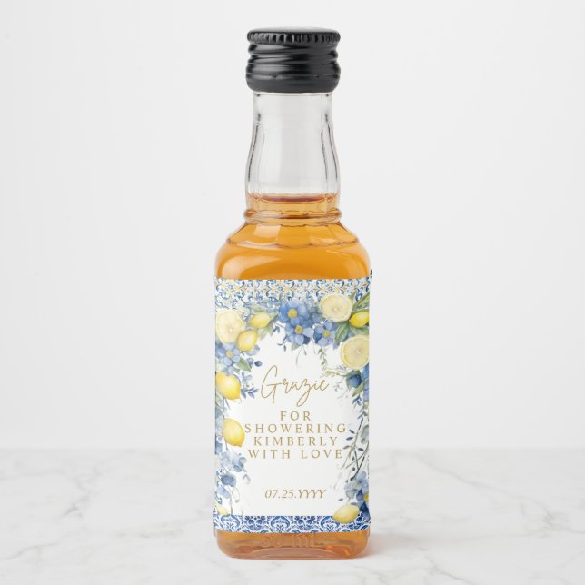 Italien Lemon Blue Tiles Grazie Brautparty Alkoholflaschenetikett (Vorderseite)