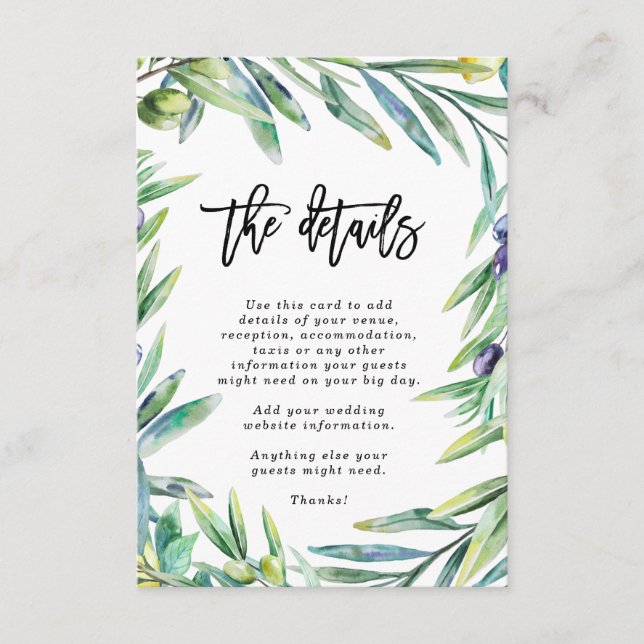 Italien Oliven Hochzeitsinformationen Begleitkarte (Vorderseite)