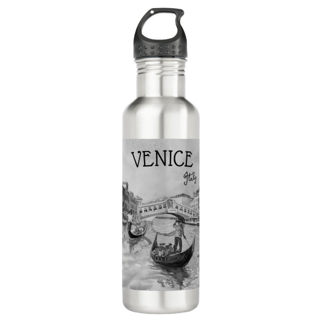 Italien Reisen - VENICE-Souvenir in Schwarz-Weiß Edelstahlflasche (Vorderseite)