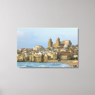 Italien, Sizilien, Cefalu, Blick mit Dom von 2 Leinwanddruck