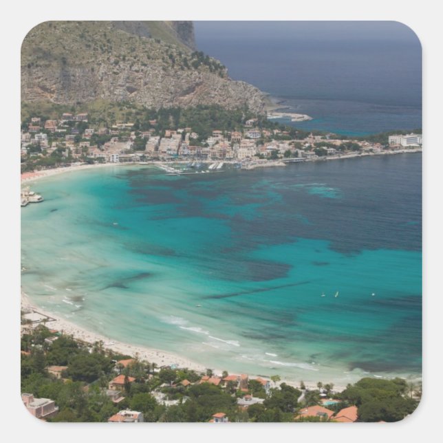 Italien, Sizilien, Mondello, Sicht auf den Strand  Quadratischer Aufkleber (Vorderseite)