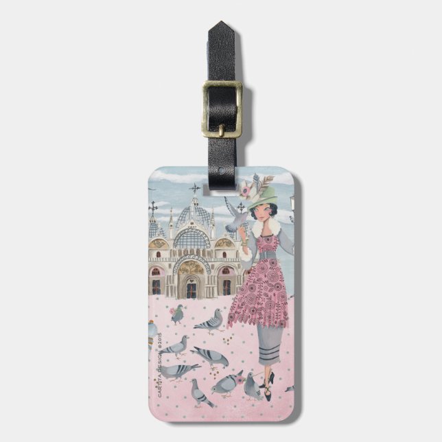 Italien Venedig Reisen Rosa Tauben Mädchen zeichne Gepäckanhänger (Vorderseite vertikal)