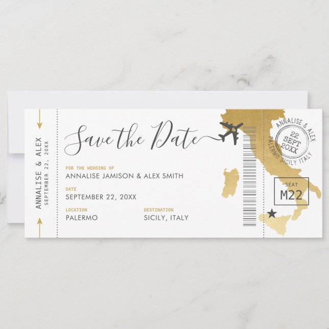 Italien Ziel Boarding Pass Save the Date Gold Einladung (Vorderseite)
