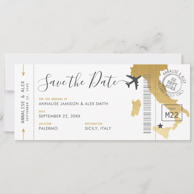 Italien Ziel Boarding Pass Save the Date Gold Einladung (Vorderseite)