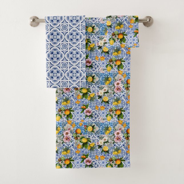 Italienisch Amalfi Blau-Fliesen Zitronen Badhandtuch Set (Insitu)