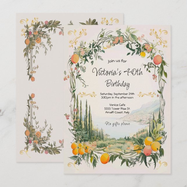 Italienisch Amalfi Coastal Lemon floral Geburtstag Einladung (Vorne/Hinten)