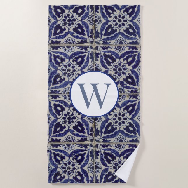 Italienisch Azulejo Mit Monogramm Strandtuch (Vorderseite)