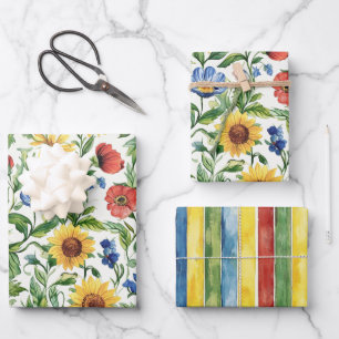 Italienisch Blau Rot Gelb Blumen Streifen Geburtst Geschenkpapier Set