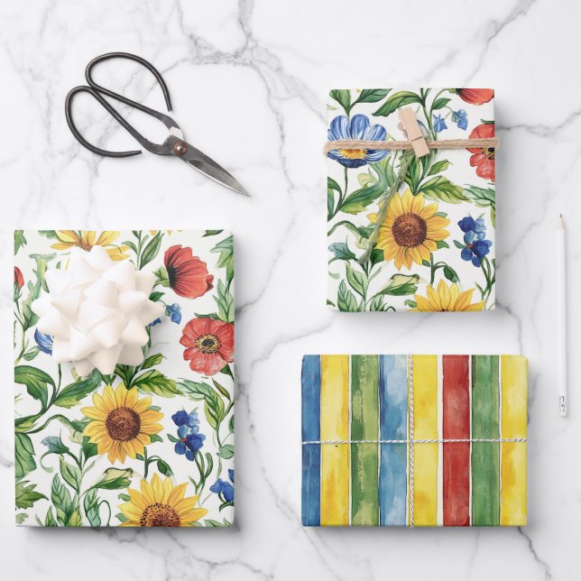 Italienisch Blau Rot Gelb Blumen Streifen Geburtst Geschenkpapier Set (Vorderseite)