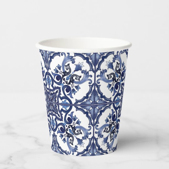 Italienisch blau-weiß sizilianisch Majolica Mosaik Pappbecher (Vorderseite)