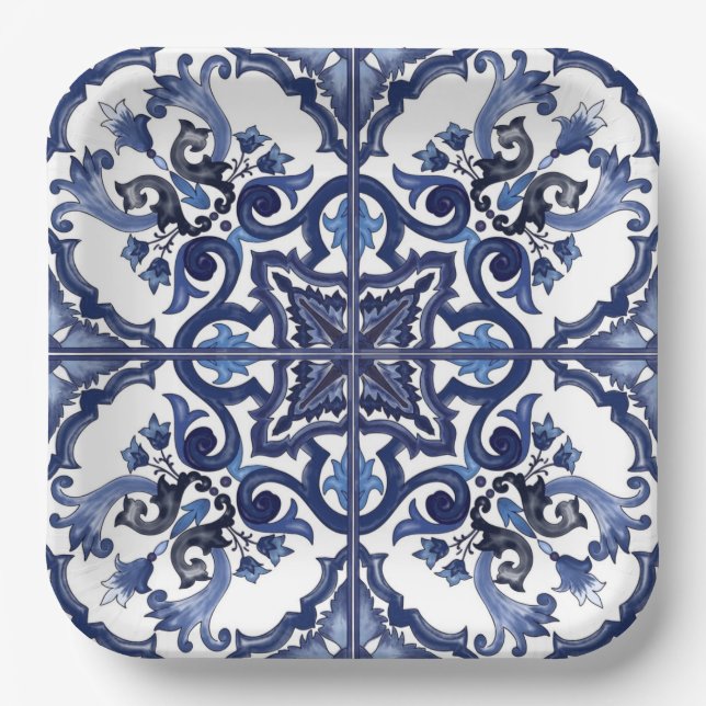 Italienisch blau-weiß sizilianisch Majolica Mosaik Pappteller (Vorderseite)