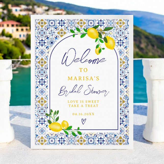 Italienisch blaue Fliesen Aquarell Zitronenbrust E Poster (Italian blue tiles watercolor lemon bridal welcome poster)