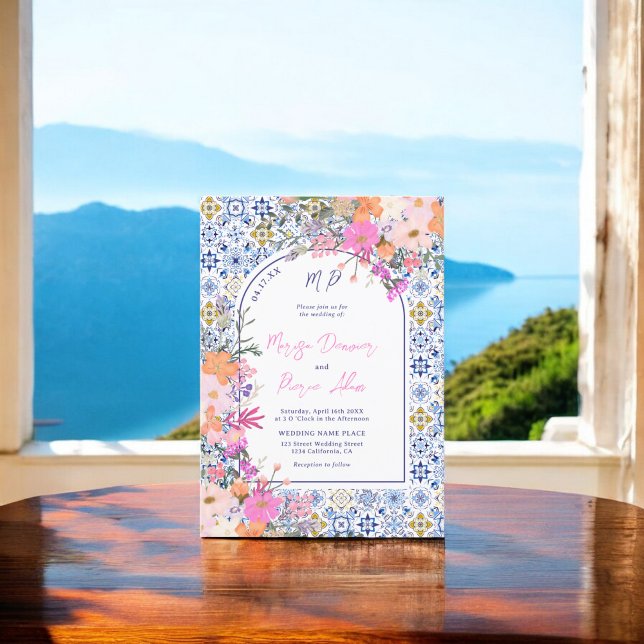 Italienisch blaue Fliesen Aquarellfarben Foto Hoch Einladung (Italian blue tiles watercolor floral photo wedding invitation)