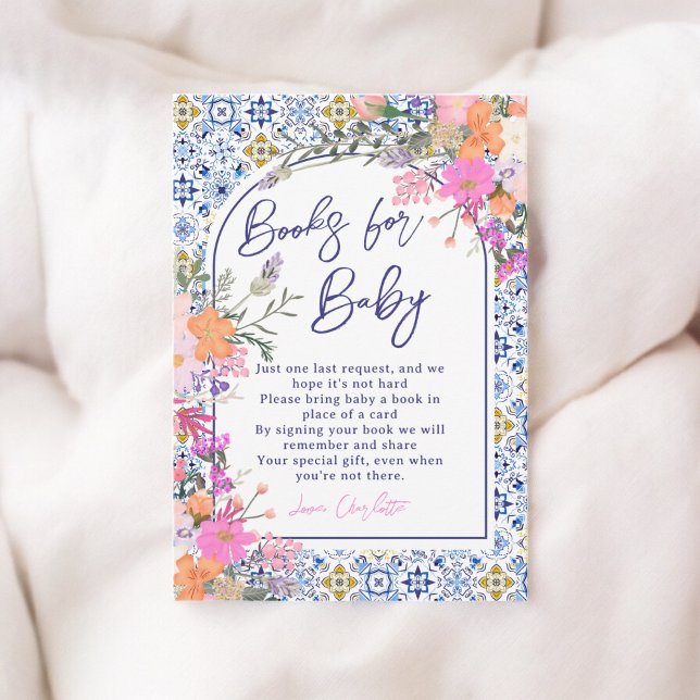 Italienisch blaue Fliesen Blumenbücher für Babydus Begleitkarte (Italian blue tiles floral books for baby shower enclosure card)