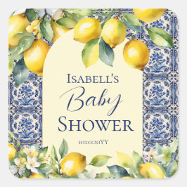 Italienisch-blaue Fliesen Wasserfarben Zitrone Bab Quadratischer Aufkleber