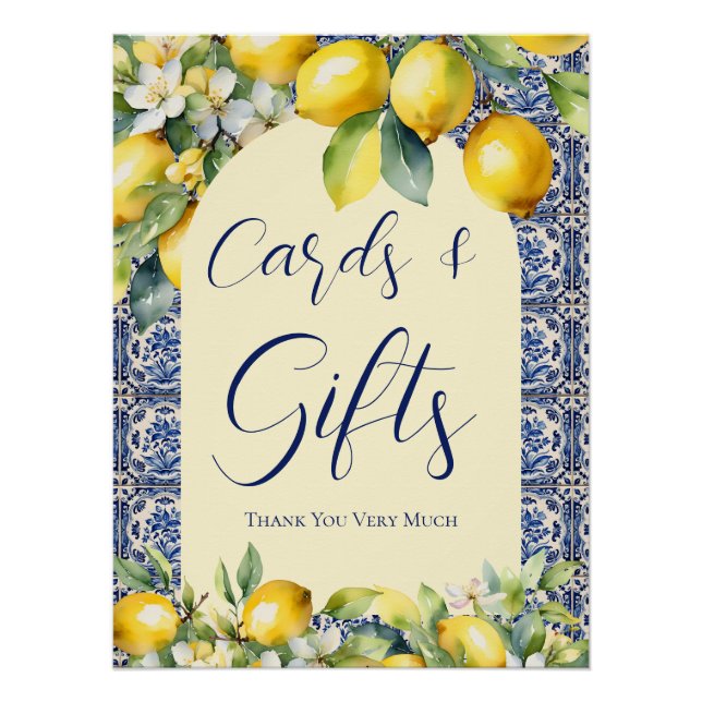 Italienisch blaue Fliesen & Zitrone Babyduschkarte Poster (Vorderseite)