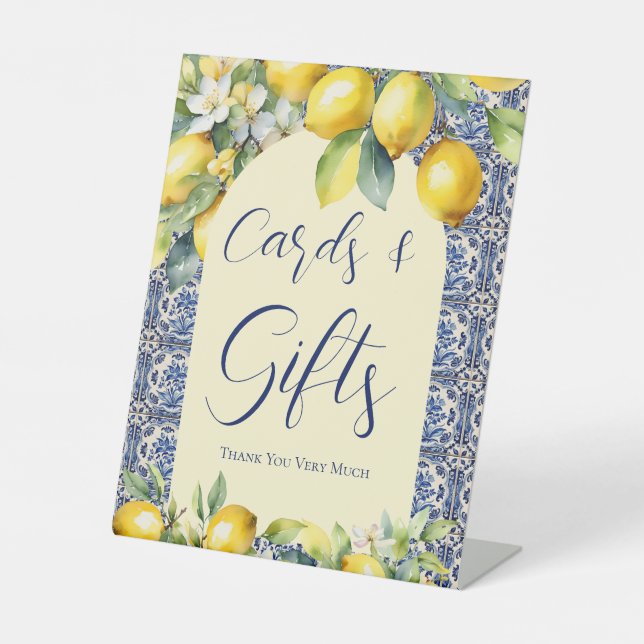 Italienisch blaue Fliesen & Zitrone Babyduschkarte Sockelschild (Vorderseite)