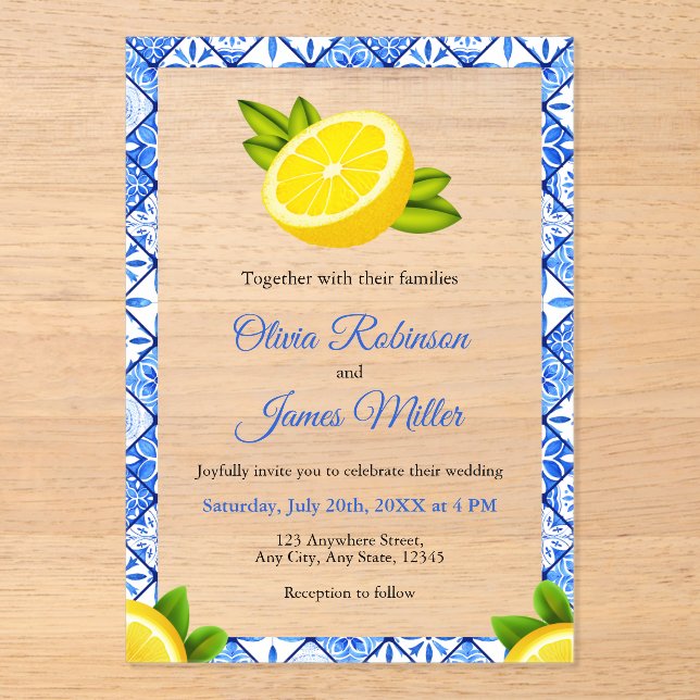 Italienisch-blaue Tile - Lemon Wedding Acryleinladungen (Vorderseite)