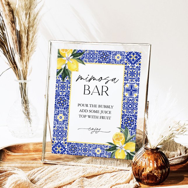 Italienisch Blue Tile Brautparty Mimosa Bar Sign Poster (Von Creator hochgeladen)