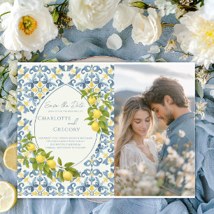 Italienisch Blue Tile Lemon Wedding Ankündigungspostkarte