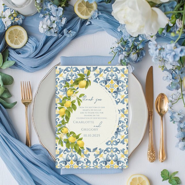 Italienisch Blue Tile Lemon Wedding Dankeskarte (Von Creator hochgeladen)